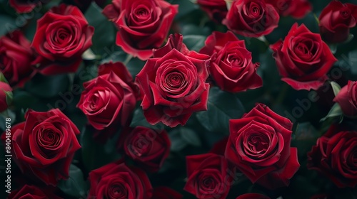 A large bouquet of red roses in the style of Valentine s Day theme  high resolution  hyper realistic photography style  closeup  dark background  top view