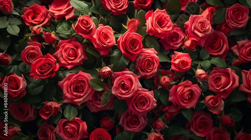 A top view of red roses in full bloom  arranged to create an elegant floral background. The roses have deep pink hues and appear fresh and vibrant against the dark backdrop.