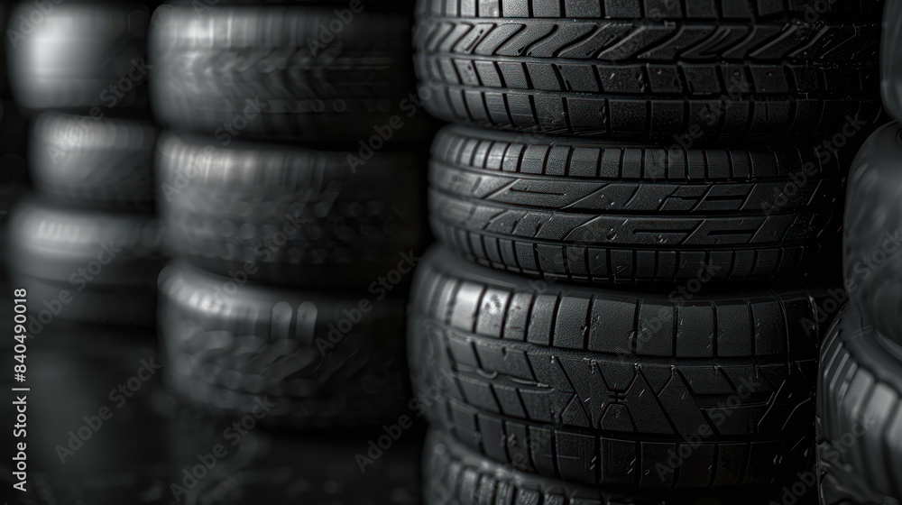 Stacked new car tires in dim light Stacked new car tires in dim light