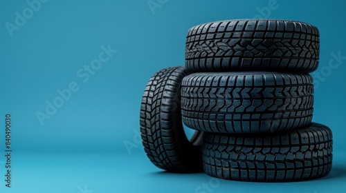 Car tires stacked on a vibrant blue background