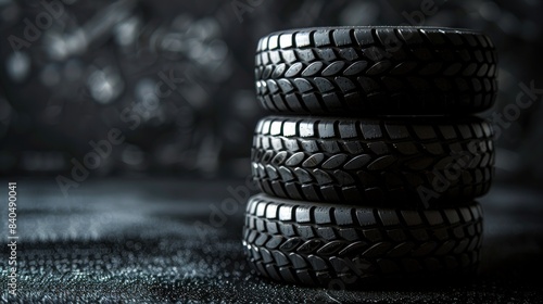 Three stacked car tires on textured surface