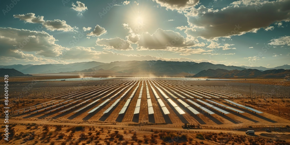 Vast Solar Farm in Desert Landscape: Harnessing Sun's Power
