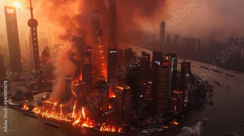 The Shanghai center near the Huangpu River in Pudong  Shanghai  was attacked by missiles launched by aircraft  which caused flames  smoke