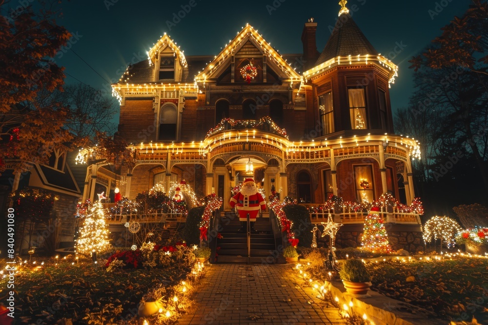 Victorian House with Elaborate Christmas Decorations: Festive Santa Display
Victorian House with Elaborate Christmas Decorations: Festive Santa Display