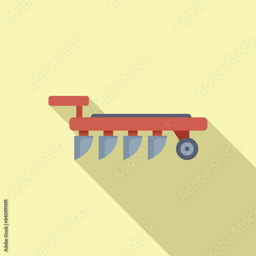 Vector illustration of a stylized red farm plow in flat design, casting a shadow on a pastel yellow background