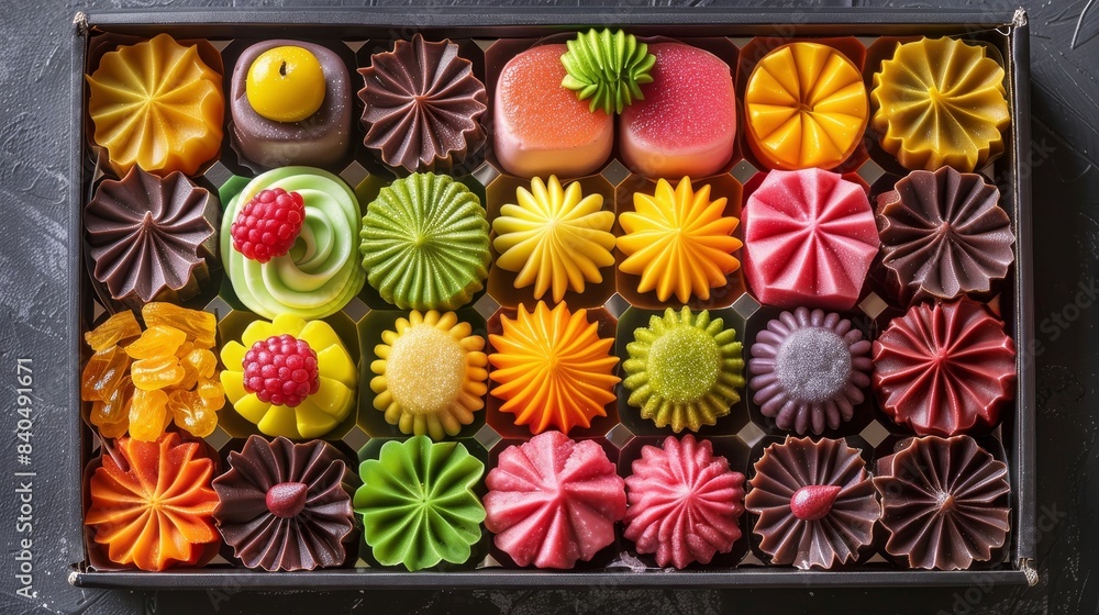 Overhead view, assorted rainbow marzipan treats in a box, featuring fruits and cakes, isolated, professional studio lighting Overhead view, assorted rainbow marzipan treats in a box, featuring fruits and cakes, isolated, professional studio lighting