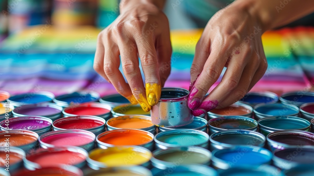 Hands mixing paint in tiny cans, close-up of shade color paper and ...