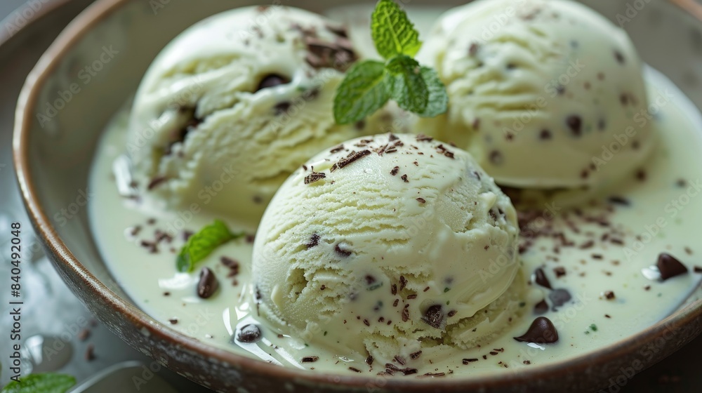 Intimate shot of melting organic green mint chocolate chip ice cream on a plate, with droplets of condensation and a garnish of fresh mint leaves Intimate shot of melting organic green mint chocolate chip ice cream on a plate, with droplets of condensation and a garnish of fresh mint leaves