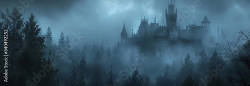 A worms-eye view of a spooky old gothic castle, shrouded in dense fog on a haunted night, perfect for a Halloween background, rendered in photorealistic CG 3D photo