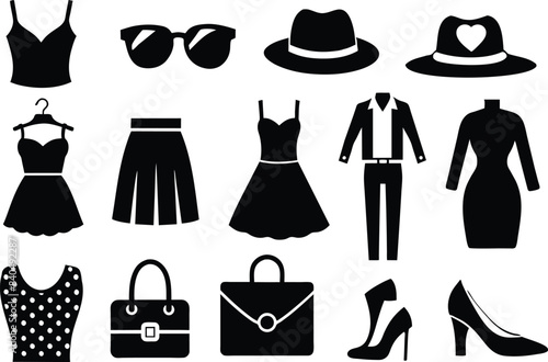 Woman Fashion Icons Set, Set of line icons related to fashion, sewing, clothing, Set of outline clothes icons. Minimalist thin linear web icon set. vector illustration