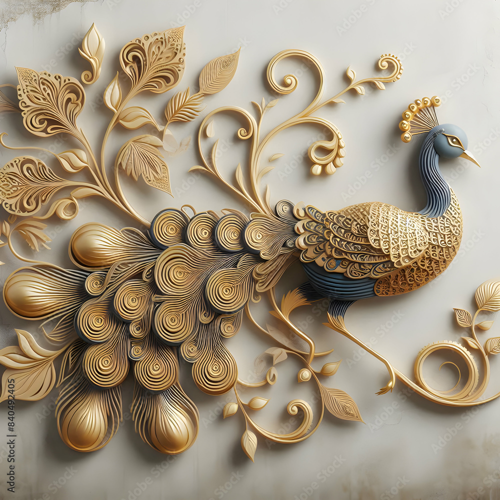 Gleaming Feathers: Volumetric Peacock Against a Golden Background Gleaming Feathers: Volumetric Peacock Against a Golden Background