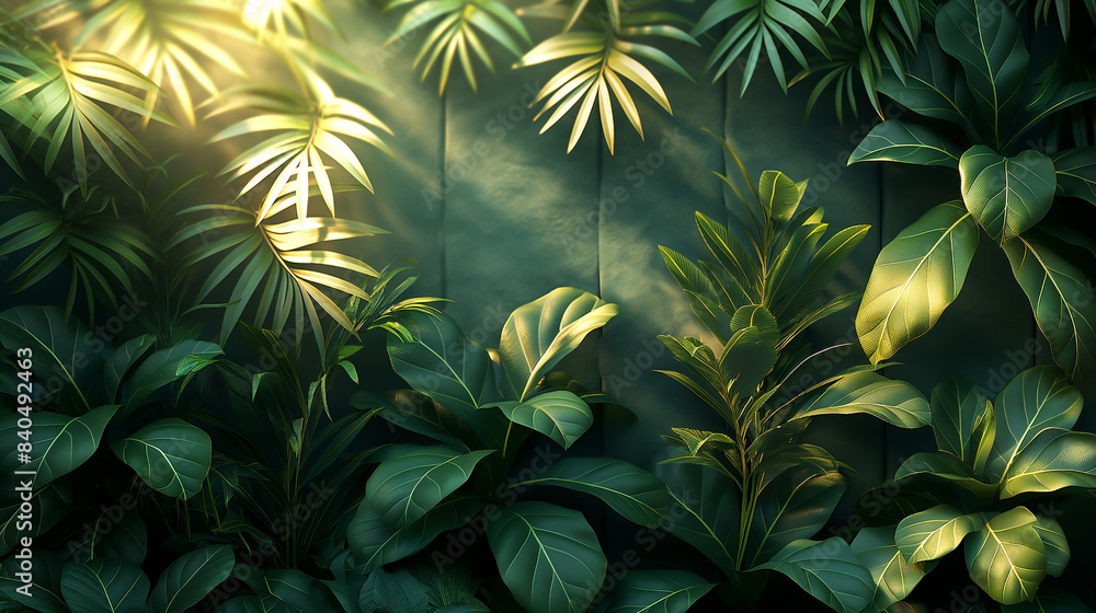 Sunlight beams through lush green tropical foliage, creating a sense of tranquility and natural beauty. Sunlight beams through lush green tropical foliage, creating a sense of tranquility and natural beauty.