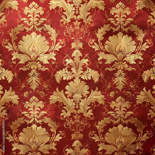 Elegant Red Damask Wallpaper with Gold Trim Pattern