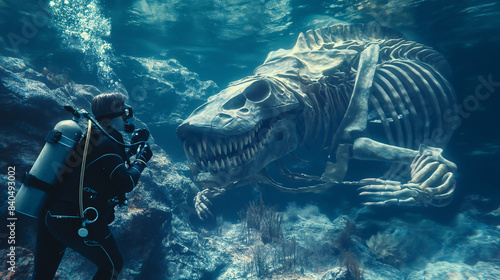 A scuba diver explores an underwater world  encountering a giant prehistoric marine reptile skeleton.