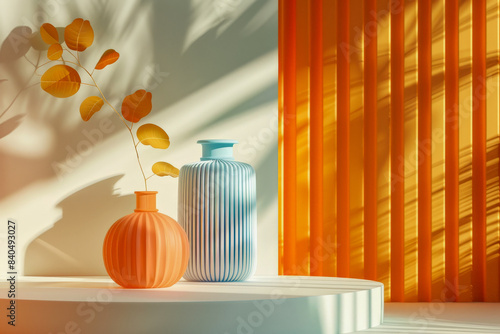 A pair of orange and blue vases in a sunlit setting, with artistic shadows cast by the surrounding decor elements
