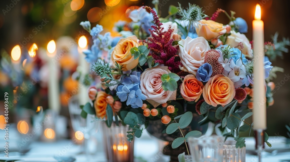 A rustic wedding table with small lamps and light foliage provides a floral arrangement that combines country style. colors are white, blue and purple with shades of burgundy and orange. A rustic wedding table with small lamps and light foliage provides a floral arrangement that combines country style. colors are white, blue and purple with shades of burgundy and orange.