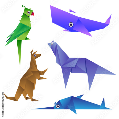 Origami paper cut birds and Animal set vector with White Background