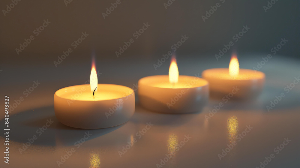 Three white unscented tea light candles burning on a reflective surface with a dark background.