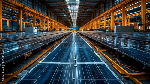 Solar panel manufacturing facility with automated machines assembling panels, highlighting green industry.