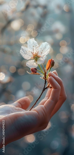 Hand holding a cherry blossom flower in full bloom