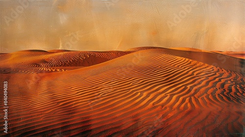 Amazing sand dunes in the middle of a desert. The dunes are a beautiful orange color and the sun is rising in the background.