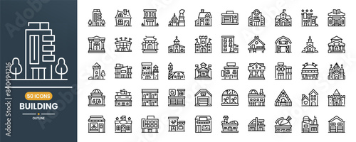 Building vector line icon set. Containing School, Bank, Hospital, Factory, Hotel, Home, Real Estate, Stadium, Museum. Can use for web, infographic, social media, apps, presentation. Editable stroke.