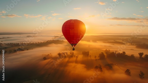 Hot air balloon floating above the clouds. The balloon is red and the sky is orange. The sun is rising and the clouds are glowing.