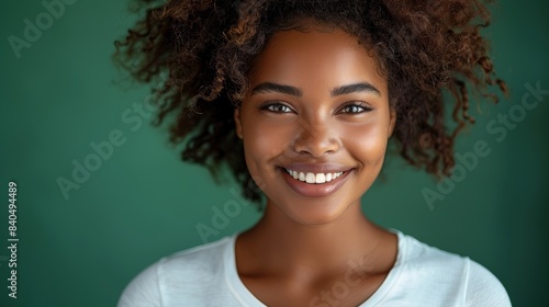 female black brown skin tone, beautiful face, great smile, facing camera, plain white tee shirt,   background green screen photo