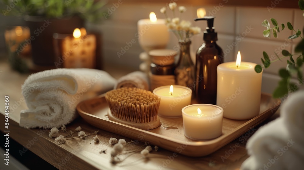 Spa treatment room with a dry body brush on a wooden tray, surrounded by candles and essential oils, calming atmosphere Spa treatment room with a dry body brush on a wooden tray, surrounded by candles and essential oils, calming atmosphere