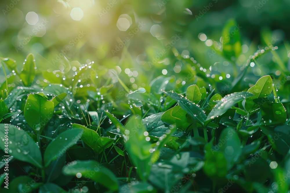 Dew drops on vibrant green leaves and grass, with a soft focus, natural background and a fresh, serene concept Dew drops on vibrant green leaves and grass, with a soft focus, natural background and a fresh, serene concept