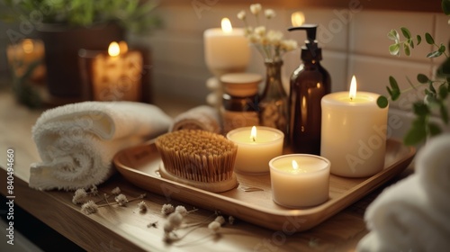 Spa treatment room with a dry body brush on a wooden tray  surrounded by candles and essential oils  calming atmosphere
