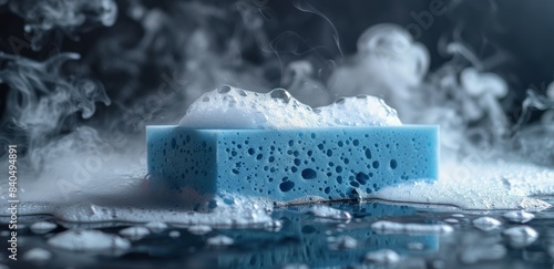 Blue Cleaning Sponge With White Foam And Bubbles