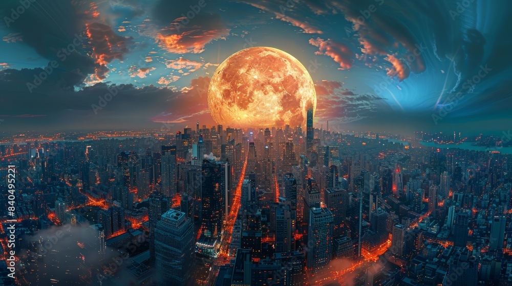 Sci-fi cityscape at night with a large, glowing full moon Sci-fi cityscape at night with a large, glowing full moon
