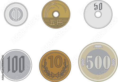 日本円硬貨のセット　イメージイラスト　　白黒/カラー