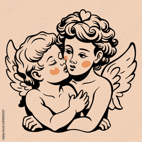 One cupid kisses the other on the cheek. Angels for valentines day, Isolated cupids in engraving style. Vector illustration. 