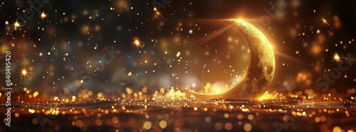 Golden Crescent Moon With Stars In Night Sky