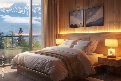 Cozy hotel bedroom interior with bed and nightstand, panoramic window