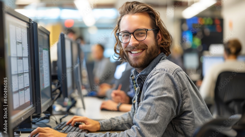 Jovial Man Working in Tech Office Jovial Man Working in Tech Office