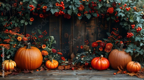 Copy space for text  autumn mock-up  with a charming scene featuring rustic decor crafted from pumpkins  berries  and leaves arranged on a wooden background.