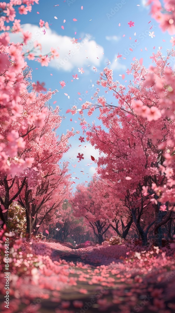 Tranquil Cherry Blossom Spring Festival - Minimalist Digital Artwork of Outdoor Celebration with Pink Sakura Trees and Petals Falling in Serene Landscape Tranquil Cherry Blossom Spring Festival - Minimalist Digital Artwork of Outdoor Celebration with Pink Sakura Trees and Petals Falling in Serene Landscape