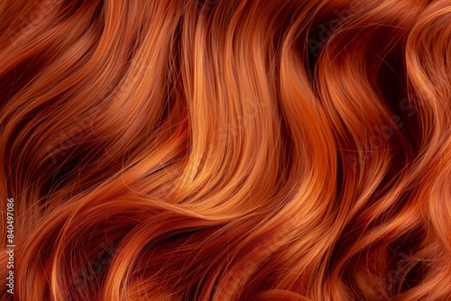 Red hair close-up as a background. Women s long orange hair. Beautifully styled wavy shiny curls. Hair coloring bright shades. Hairdressing procedures  extension