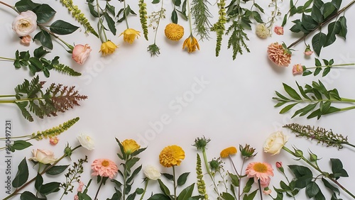 Flowers of roses dahlias marigolds and leaves host astilbe and ricinus communis isolated on white background flora composition and collection nature and plants flat lay top view photo