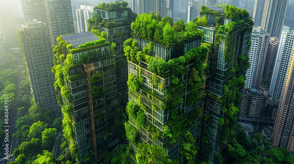 Obraz premium A cityscape with three tall buildings covered in green plants