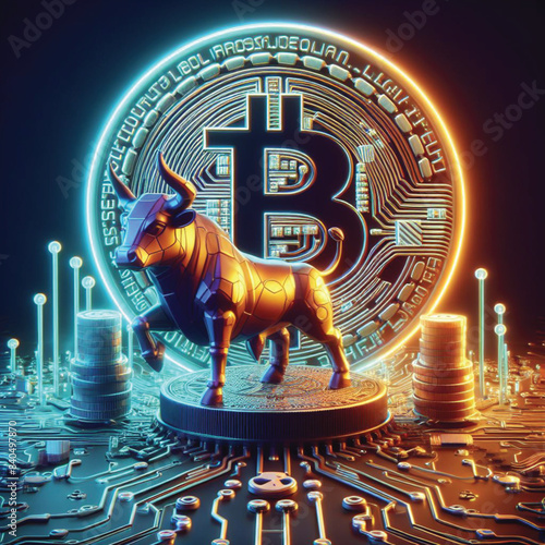 A glowing Bitcoin coin in the center with LED lights and a bull charging at the coin, showing a circuit board and blockchain elements. The LED lights add a modern feel to the image.
