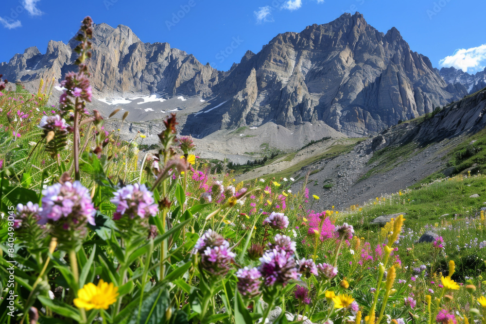 A beautiful mountain landscape with a field of wildflowers meadow A beautiful mountain landscape with a field of wildflowers meadow
