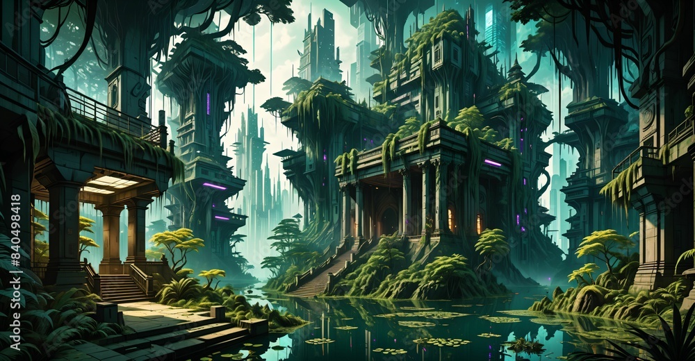 gothic baroque city monument building in forest island marsh wetland swamp in summer. cyberpunk goth palace castle tower surrounded by water and overgrowth nature landscape. gothic baroque city monument building in forest island marsh wetland swamp in summer. cyberpunk goth palace castle tower surrounded by water and overgrowth nature landscape.