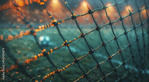 Closeup of Soccer Net With Bokeh Lights During Evening Game