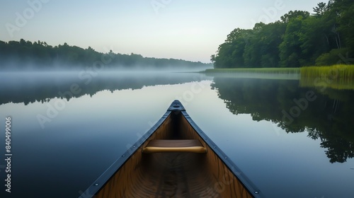 The canoe glides silently through the still waters of the lake. The only sound is the gentle lapping of the waves against the sides of the canoe.