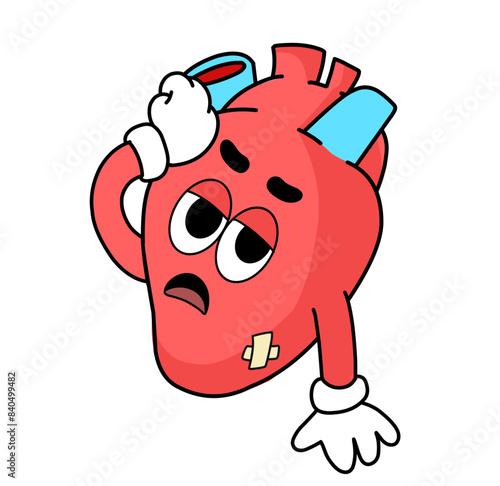 Illustration of a cartoon heart organ with a funny expression, a health mascot. isolated on white