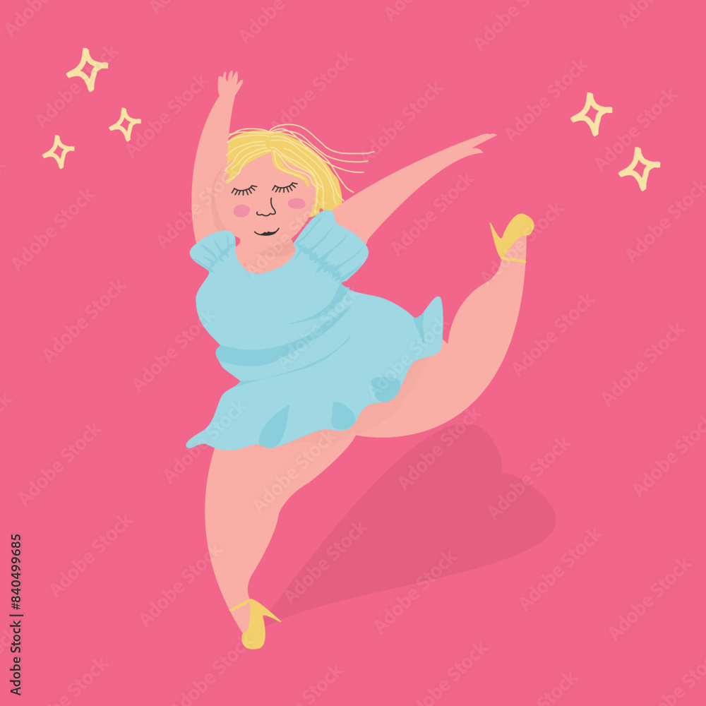 Happy Plus-Size Ballerina with Blonde Hair on Pink Background Happy Plus-Size Ballerina with Blonde Hair on Pink Background